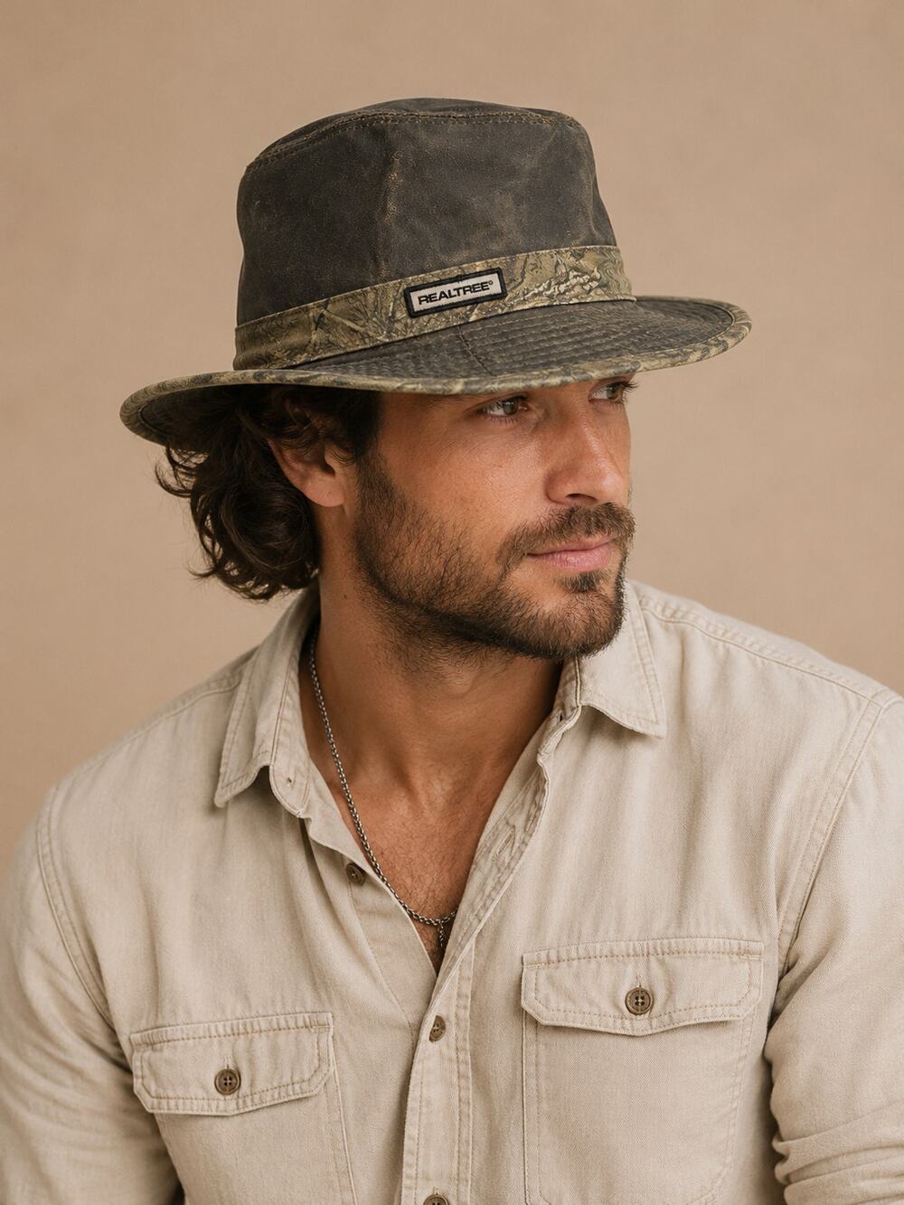 Signatures Hunting Hat Brown Canvas-Style Fabric Realtree Camo Trim S/M
